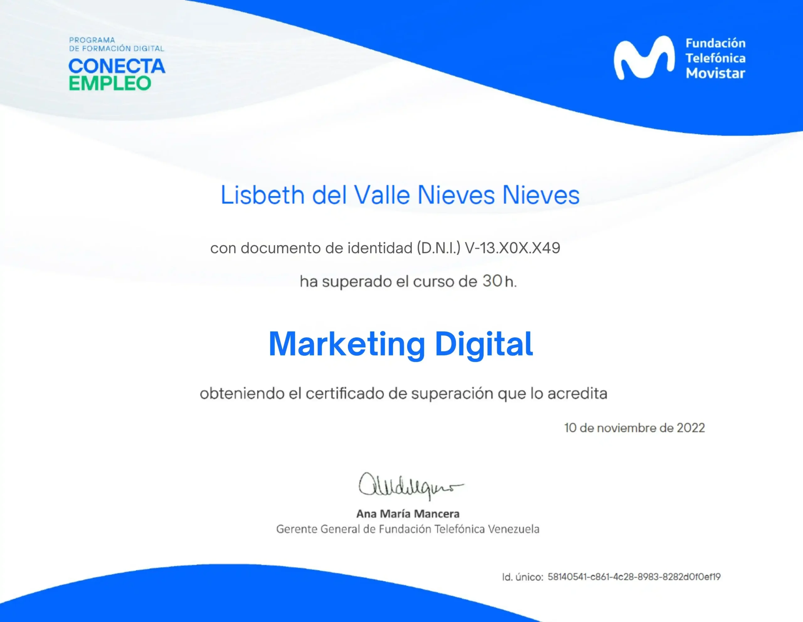 Certificado Marketing Digital - Conecta empleo Fundación Telfónica - Lis Nieves