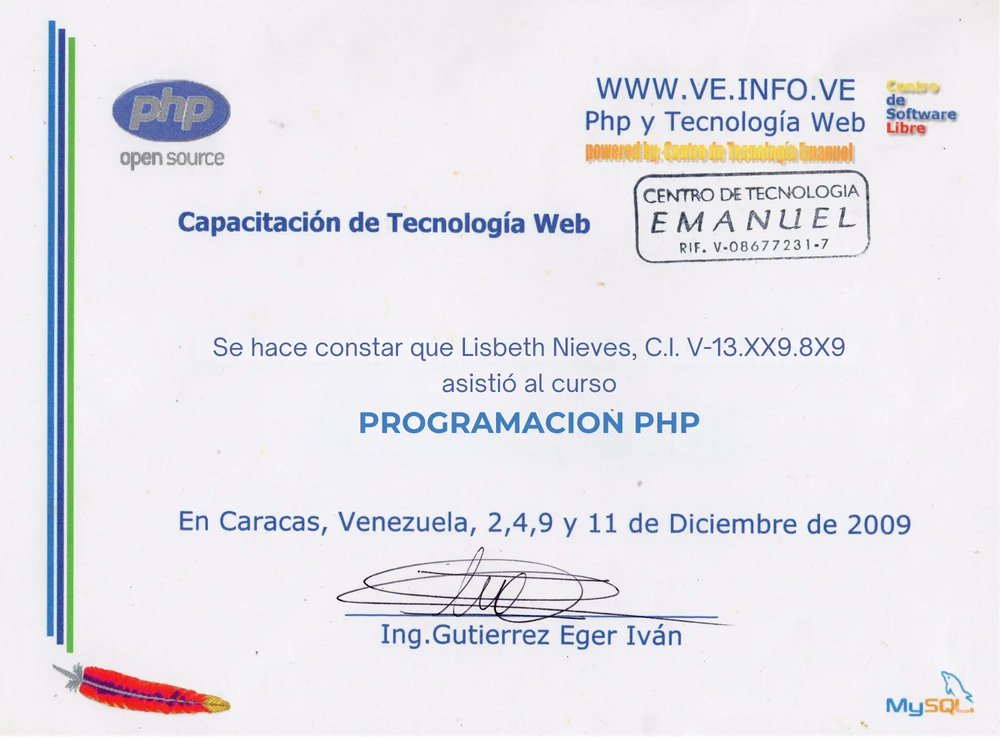 Certificado Programación con PHP - Software Libre - Lis Nieves